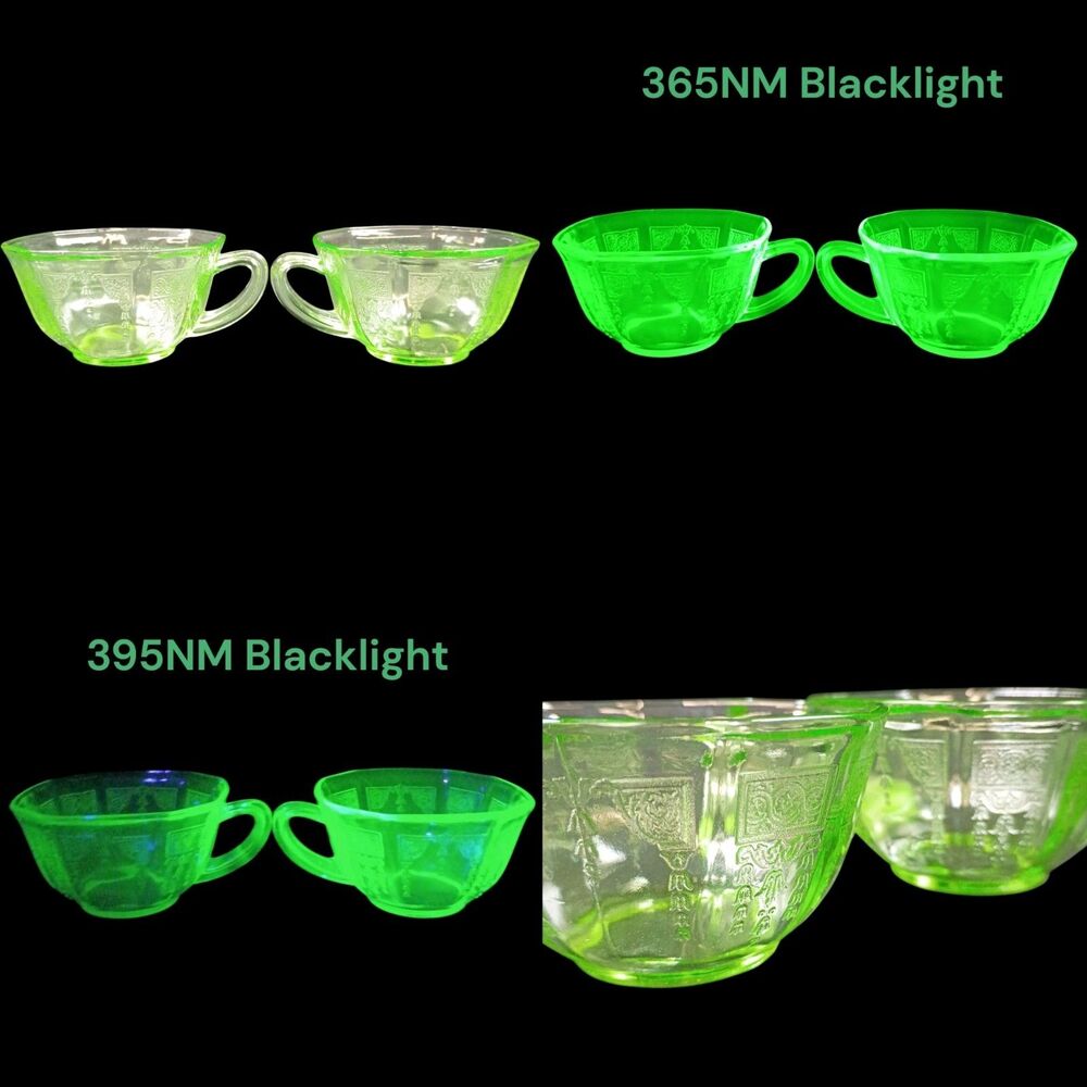 Pair Of Uranium Glass Tea Cups ORIGINAL Princess Pattern Hocking Glow 1931-35 A3